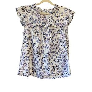LOFT Floral Print Ruffle Sleeve Tie Neck Blouse Top White Purple‎ Women's Size L